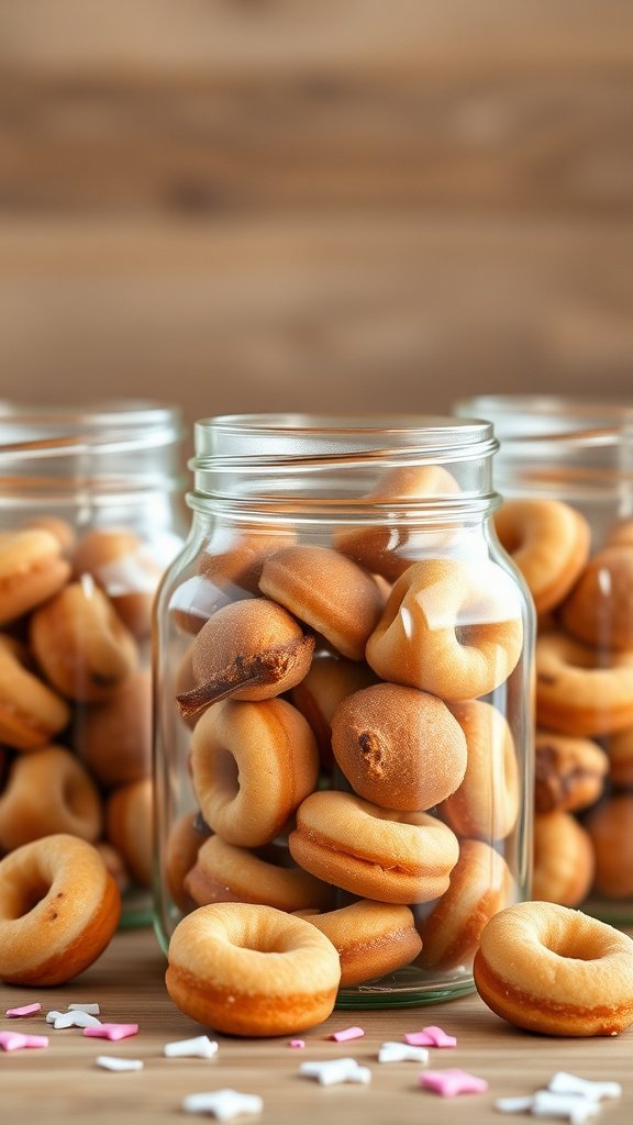 Jars filled with assorted donut holes on a wooden table, surrounded by colorful sprinkles.