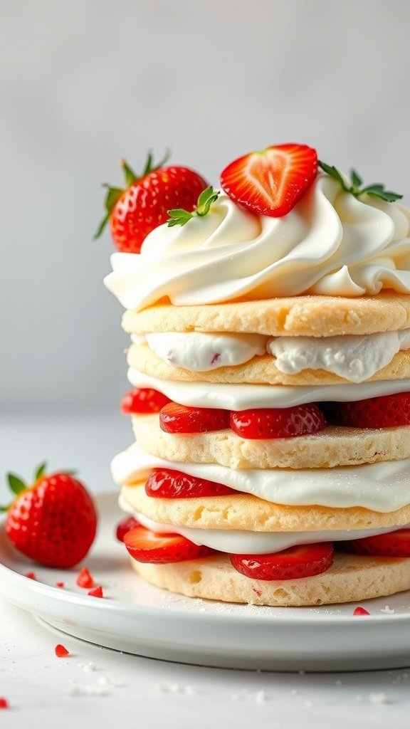 Layered white chocolate strawberry shortcake with fresh strawberries and whipped cream