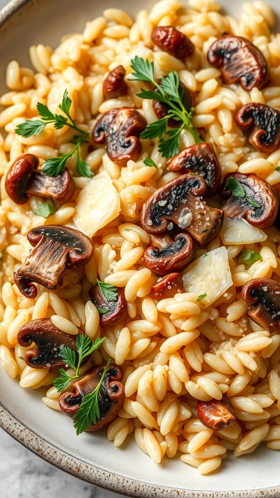 A bowl of creamy wild mushroom and truffle risotto topped with herbs.