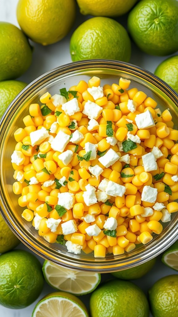A bowl of zesty corn salad with feta cheese, surrounded by limes.