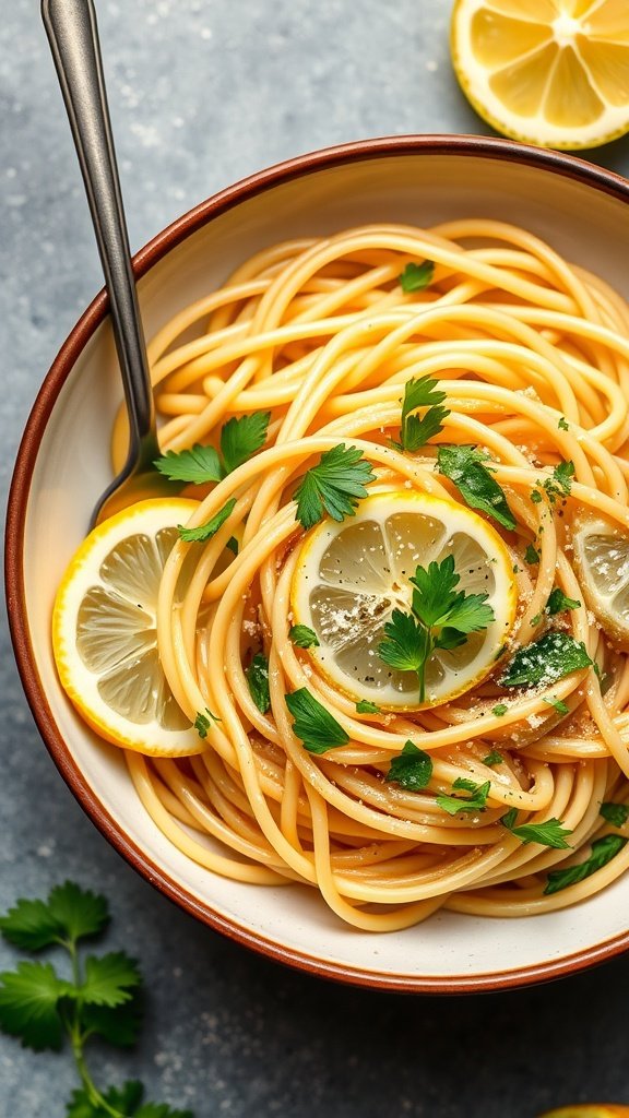 A delicious bowl of zesty lemon garlic pasta garnished with lemon slices and parsley.
