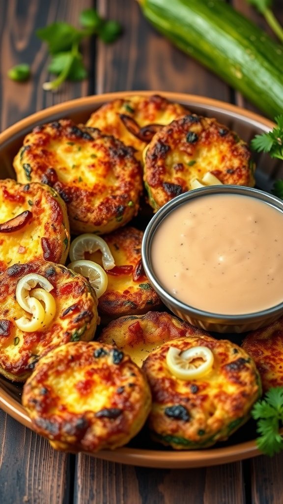 Plate of crispy zucchini and cheese fritters with a bowl of dipping sauce.