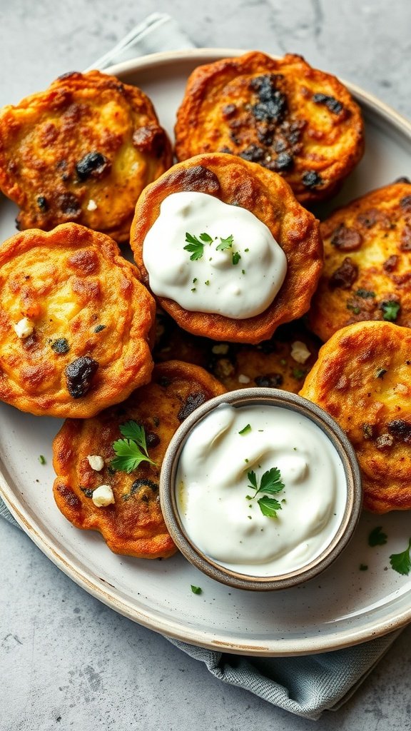 A plate of zucchini fritters with tzatziki sauce