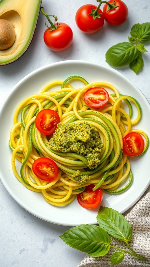 Plate of zucchini noodles topped with avocado pesto and cherry tomatoes
