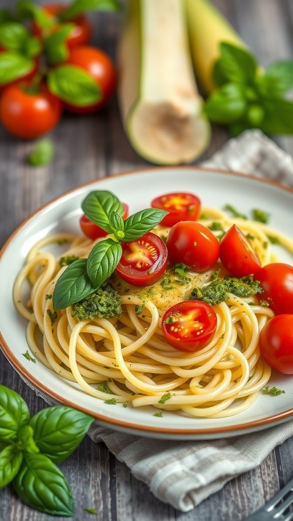 A plate of zucchini noodles topped with pesto and cherry tomatoes, garnished with fresh basil, alongside zucchini and tomatoes in the background.