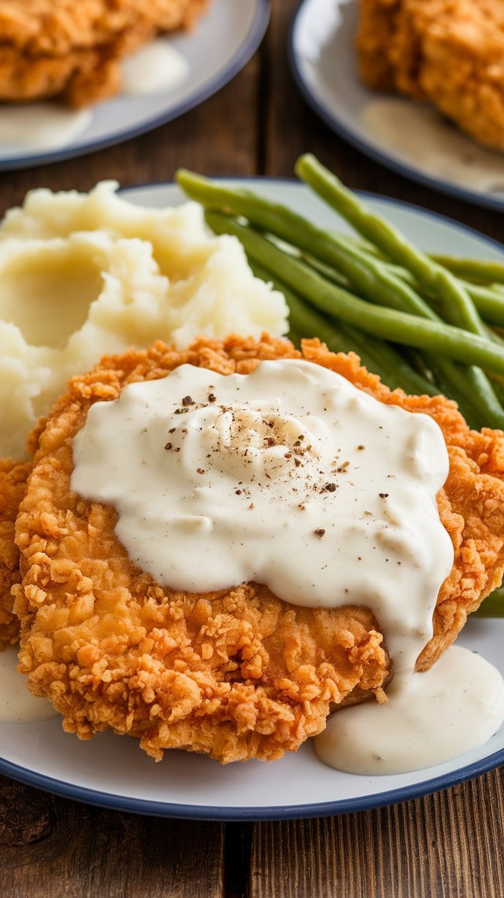 Grandma Chicken fried steak with gravy on a plate, served with mashed potatoes and green beans.