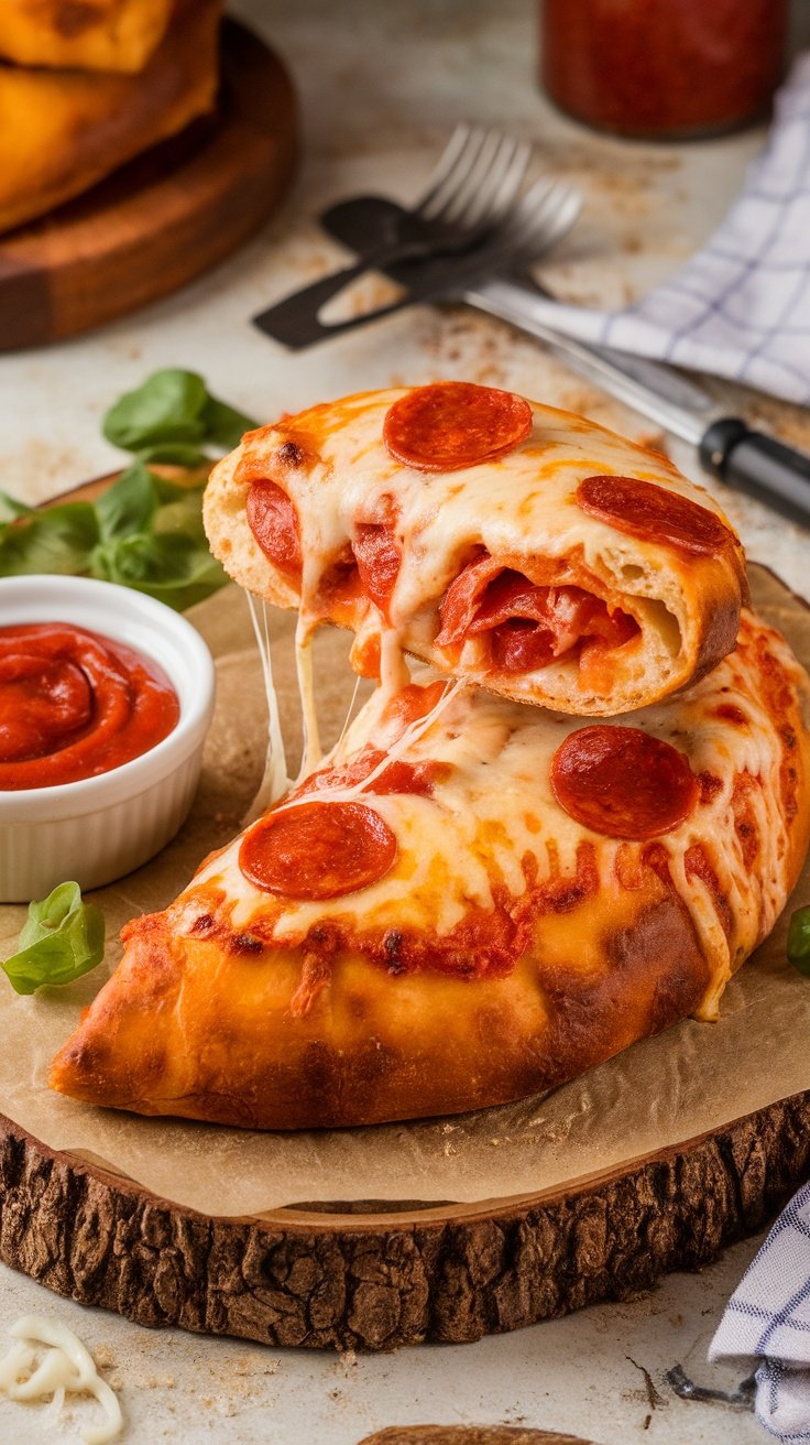 Air Fryer Pizza Calzones Recipe Golden brown air fryer pizza calzone filled with cheese and pepperoni, served with marinara sauce.