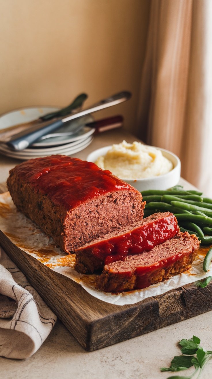 Ina Garten Sliced meatloaf glazed with ketchup, served with mashed potatoes and green beans on a wooden board.