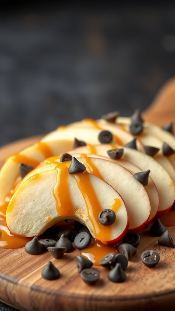 Apple slices drizzled with caramel sauce and topped with chocolate chips on a wooden board.