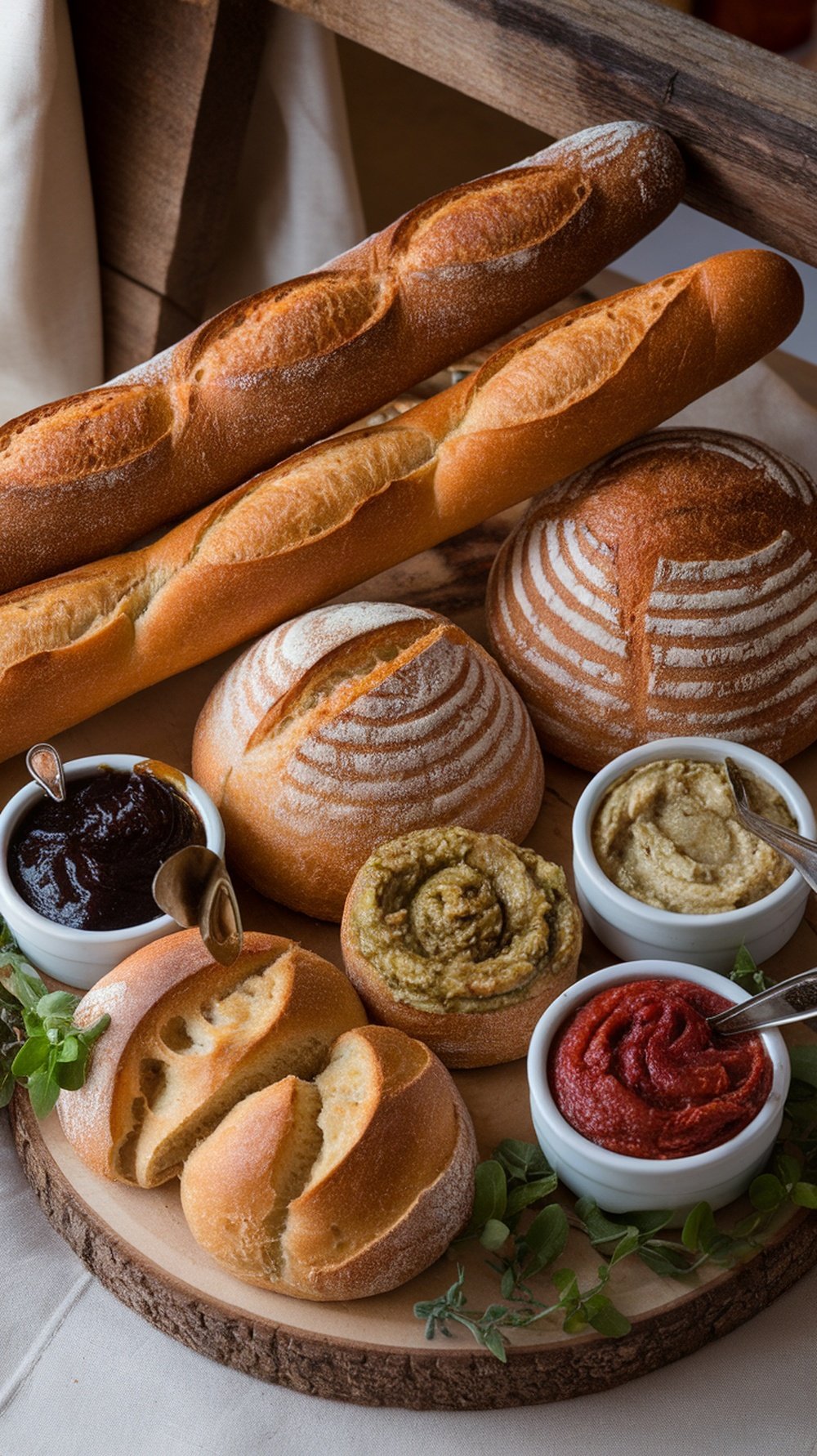 A selection of artisan breads and various spreads on a wooden platter.