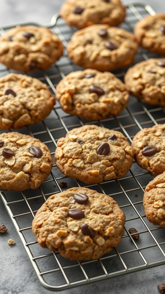 Freshly baked banana oatmeal cookies on a cooling rack