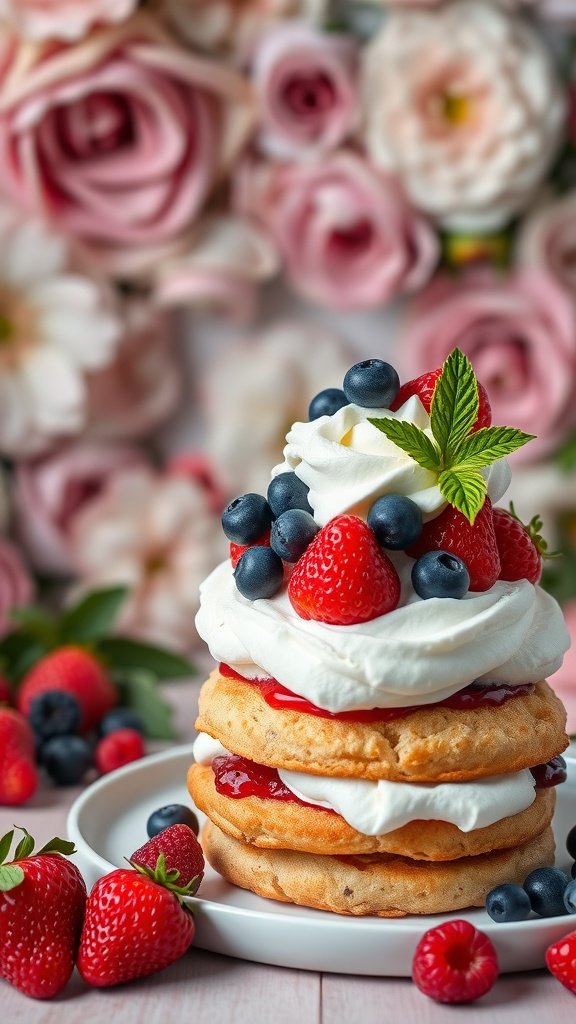 A delicious berry shortcake topped with whipped cream and fresh berries, set against a floral background.