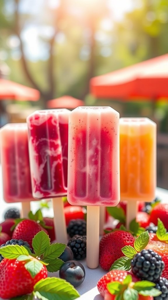 Colorful berry smoothie popsicles surrounded by fresh berries and mint leaves