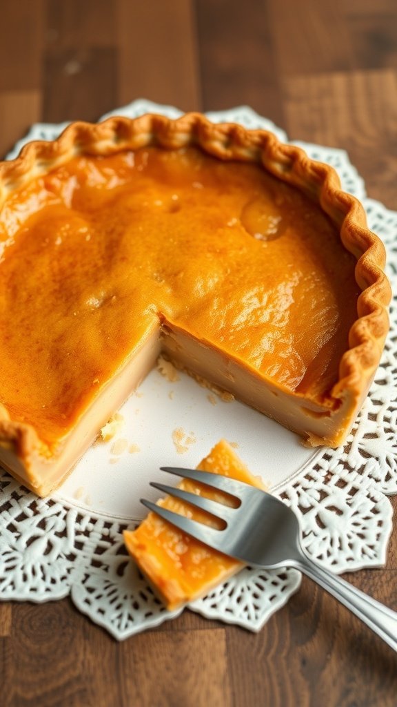 A slice of buttermilk chess pie on a lace doily with a fork beside it.