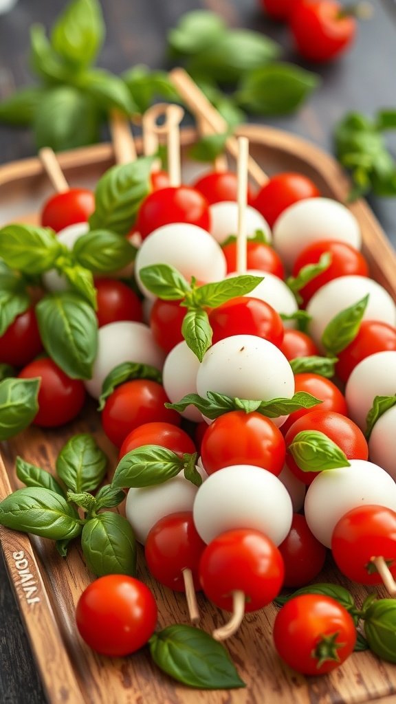 A platter of colorful Caprese skewers with cherry tomatoes, mozzarella balls, and fresh basil.