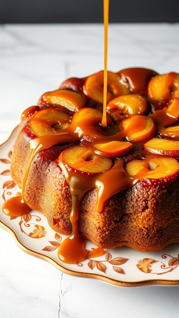 A caramel apple upside-down cake drizzled with caramel sauce, displayed on a decorative plate.