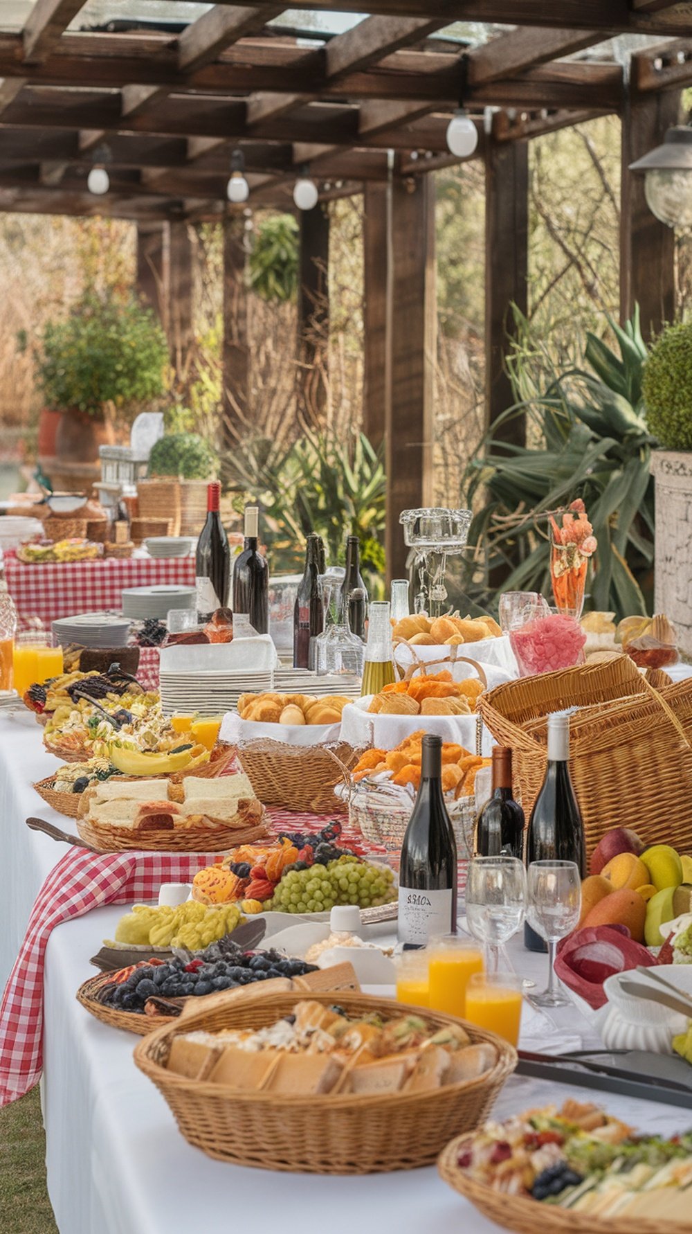 A picnic-style buffet with a variety of foods and drinks set on a table with checkered tablecloths.