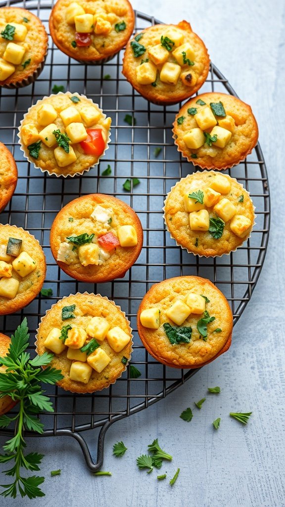 A cooling rack filled with cheesy veggie muffins topped with diced vegetables.