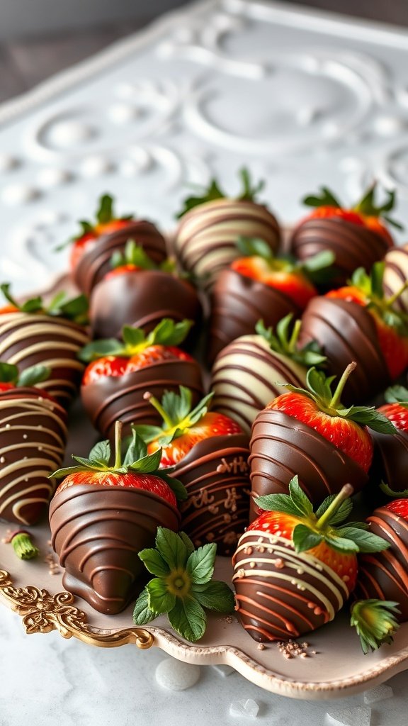 A plate of chocolate-covered strawberries, beautifully arranged with a mix of dark and white chocolate designs.