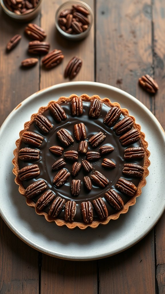 A Chocolate Bourbon Pecan Tart topped with pecans on a rustic wooden table.