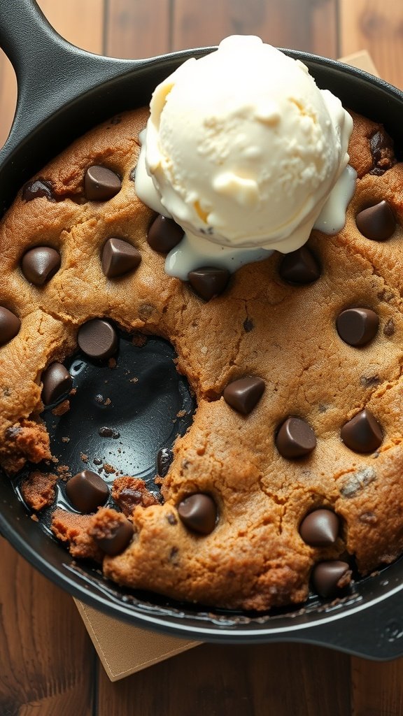 A chocolate chip cookie skillet topped with a scoop of vanilla ice cream.