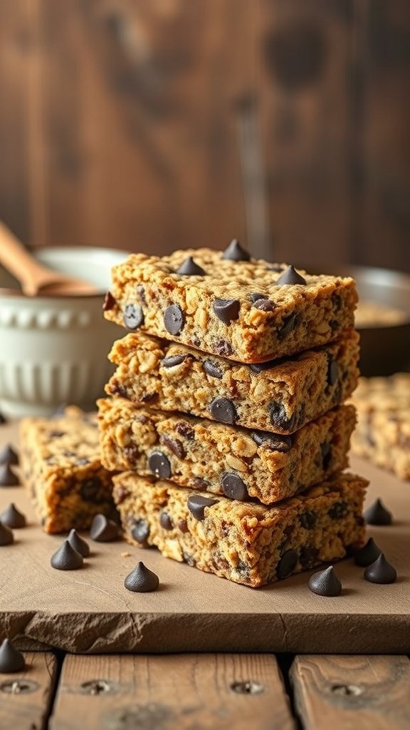 A stack of chocolate chip granola bars with chocolate chips scattered around.