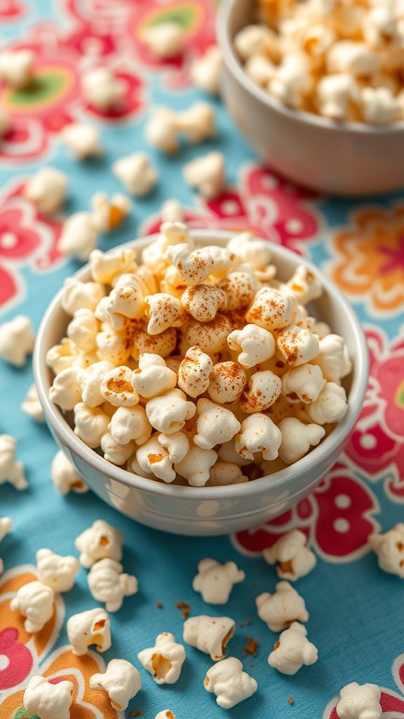 A bowl of cinnamon sugar popcorn on a colorful tablecloth, with more popcorn scattered around.