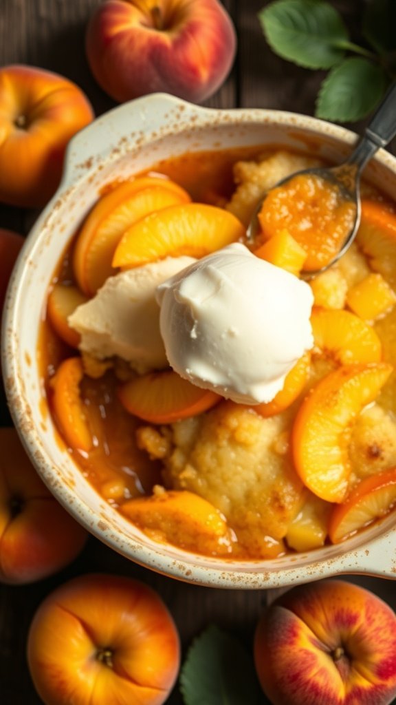 A delicious serving of peach cobbler topped with vanilla ice cream, surrounded by fresh peaches.