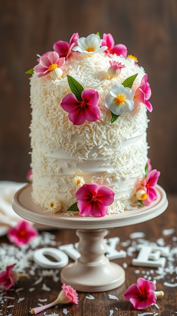A beautifully decorated coconut cream cake with flowers on top.