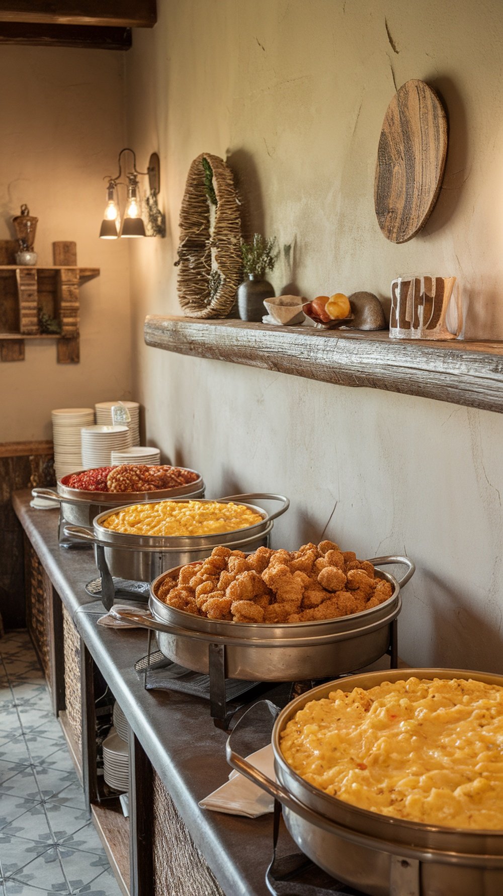 A buffet table featuring mac and cheese, chicken bites, and sides for a wedding reception.