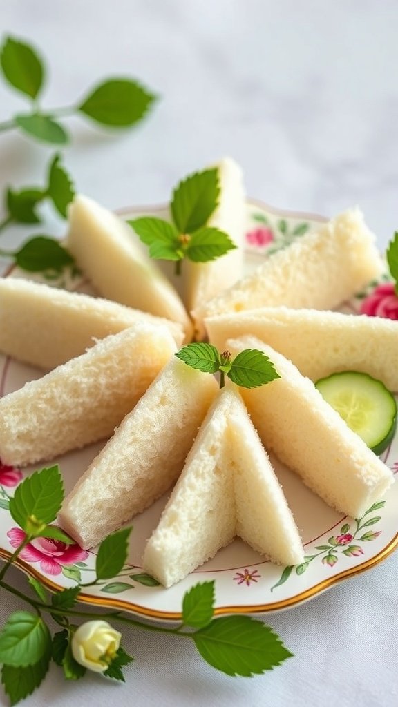 A plate of cucumber sandwiches cut into triangles, garnished with mint leaves and cucumber slices.