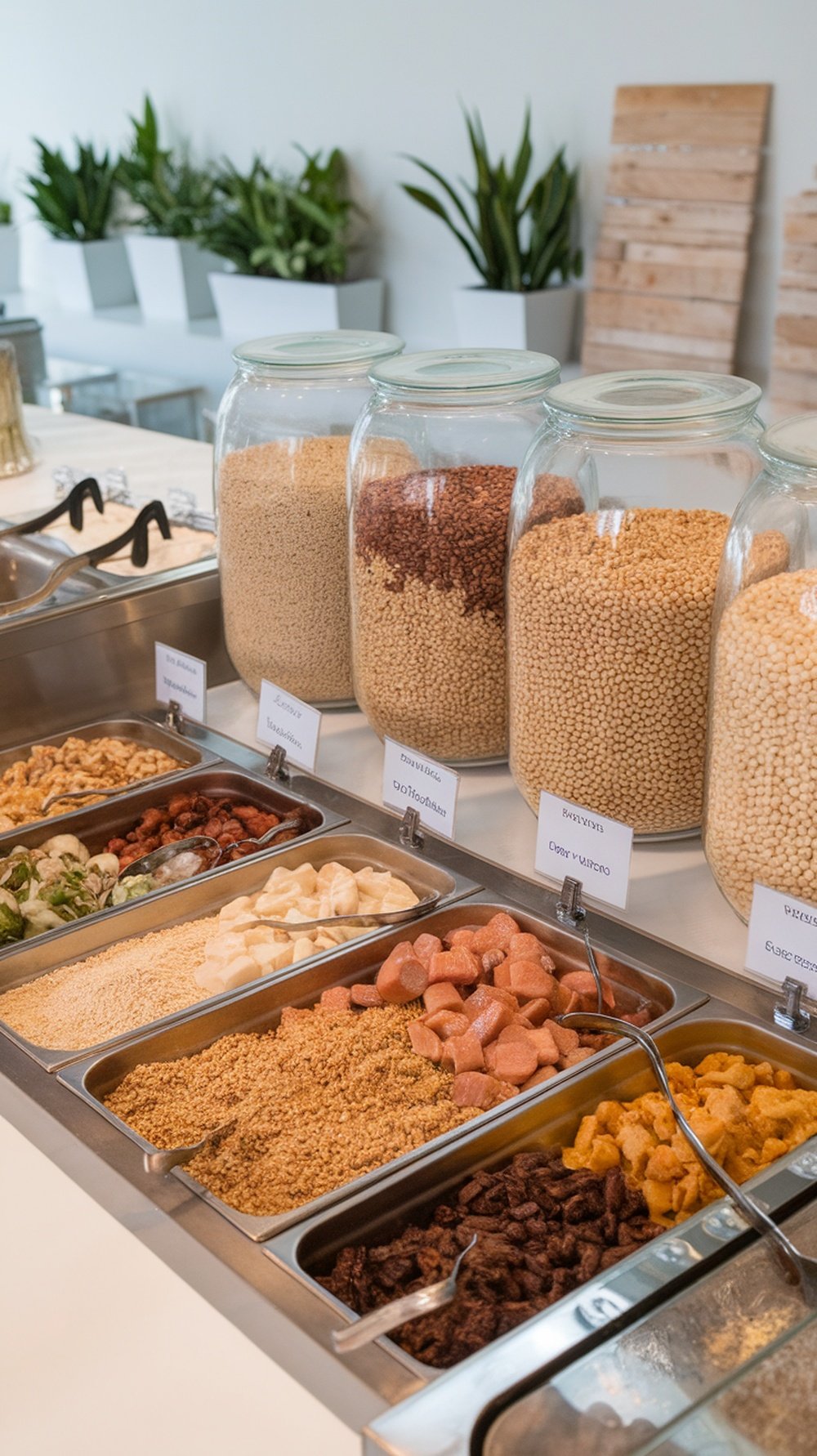 A buffet setup featuring jars of grains and various toppings for customizable grain bowls.