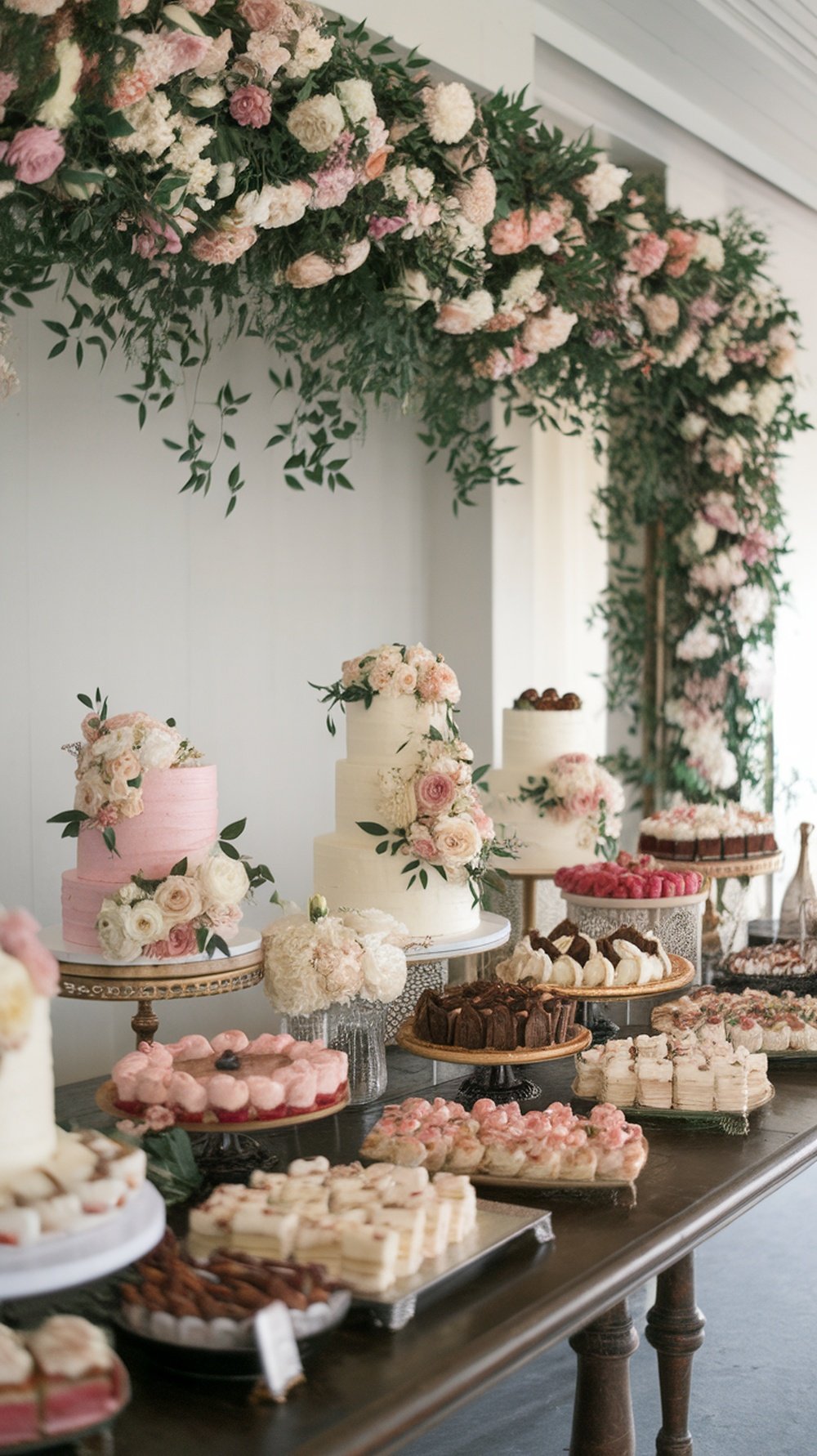 A beautifully arranged dessert table featuring tiered cakes, pastries, and fresh flowers.
