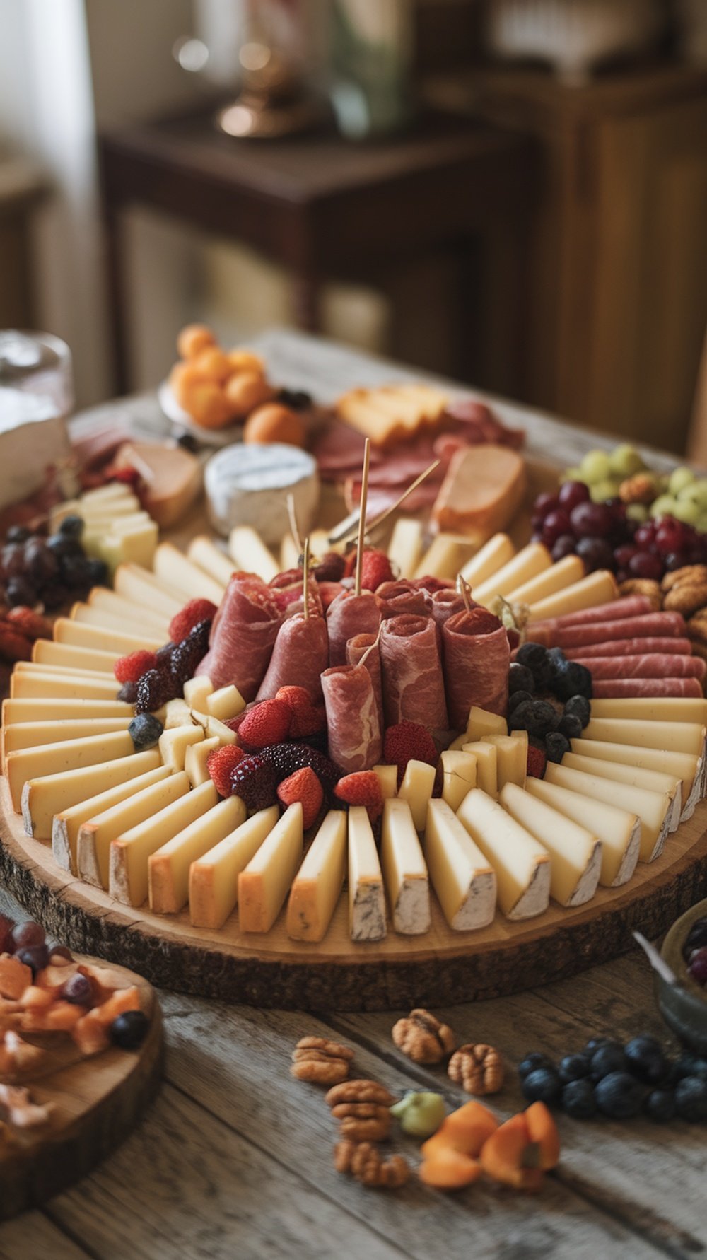 A beautifully arranged charcuterie board with various cheeses, meats, fruits, and nuts.