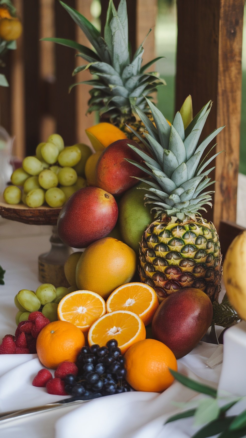 A colorful display of exotic fruits including pineapples, mangoes, oranges, and grapes arranged beautifully for a wedding reception buffet.