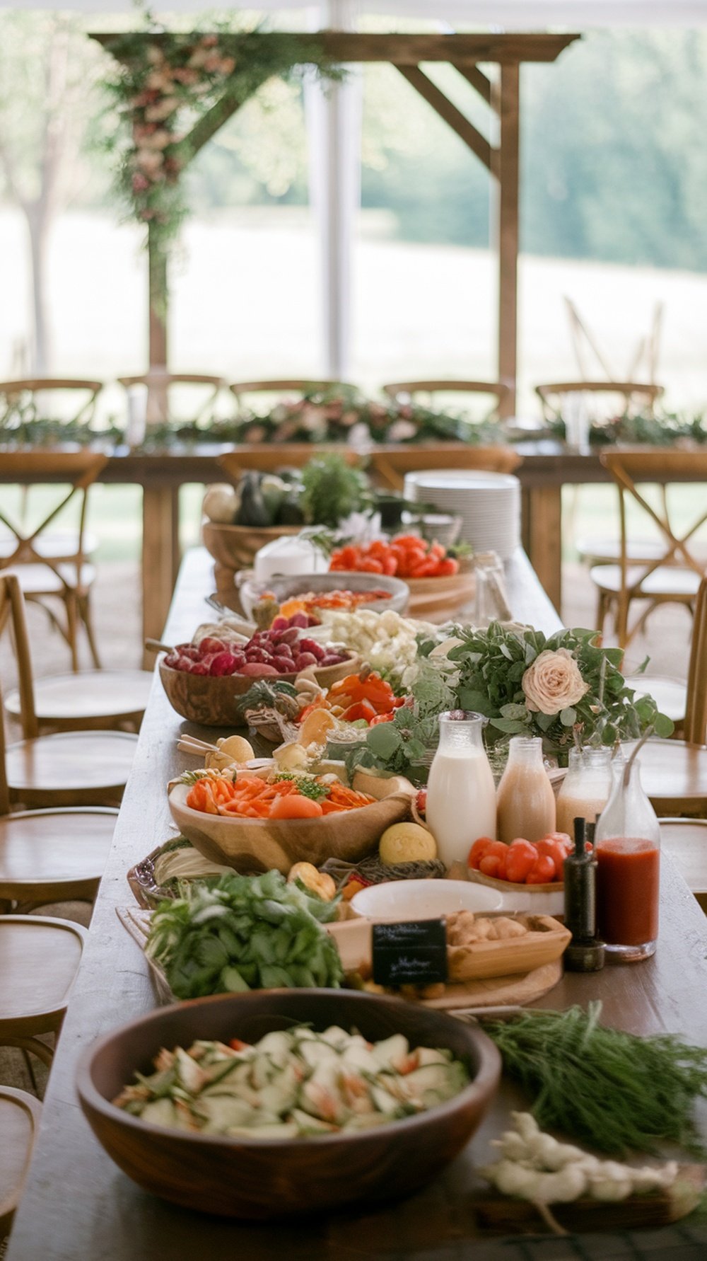 A beautiful farm-to-table salad bar featuring fresh vegetables and herbs, set up for a wedding reception.