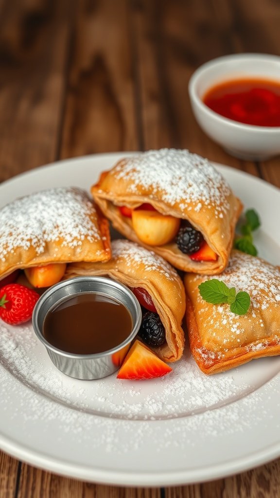 A plate of fried pies with seasonal fruit filling, dusted with powdered sugar, served with fresh strawberries and a dipping sauce.