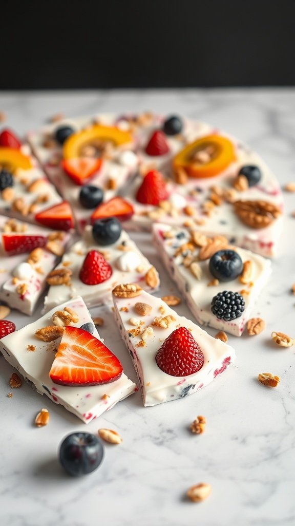 Frozen yogurt bark topped with strawberries, blueberries, and nuts on a marble surface.