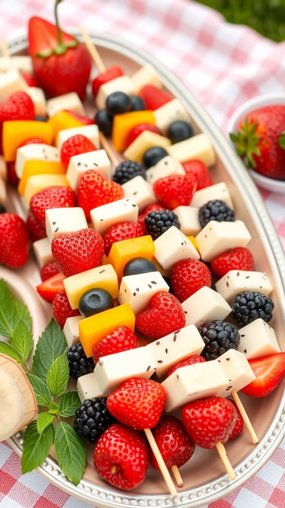 A platter of colorful fruit and cheese kabobs featuring strawberries, blackberries, blueberries, and cheese cubes.