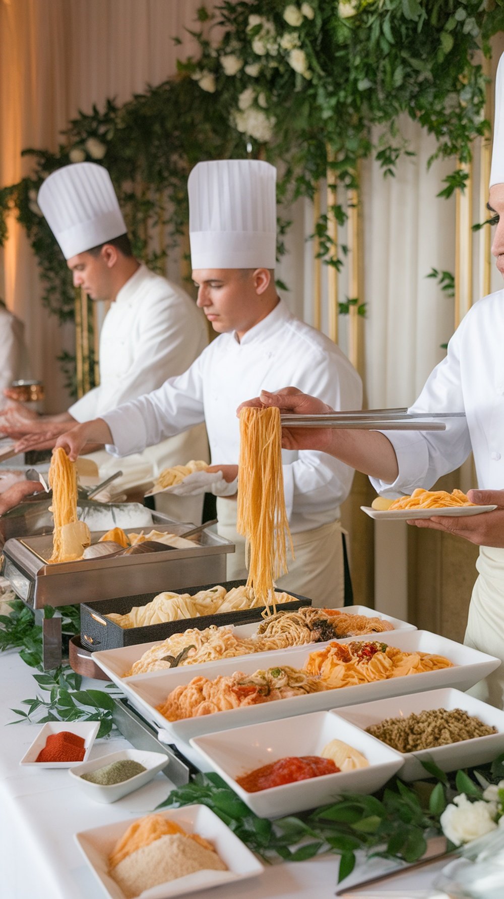 Chefs preparing pasta at a gourmet pasta station for a wedding reception.