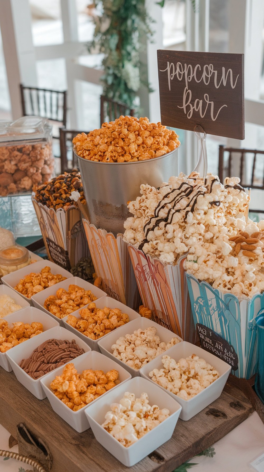 A gourmet popcorn station with various flavors and toppings for a wedding reception.