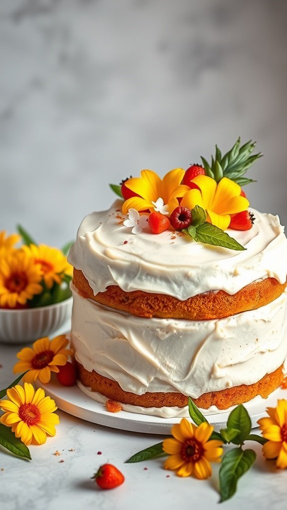 A two-tiered Hummingbird Cake decorated with flowers and berries, showcasing a charming wedding dessert.