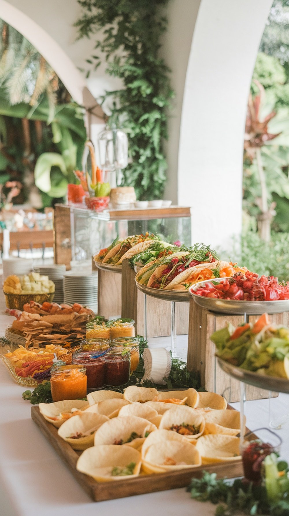 A colorful taco bar setup with various toppings and ingredients for a wedding reception.