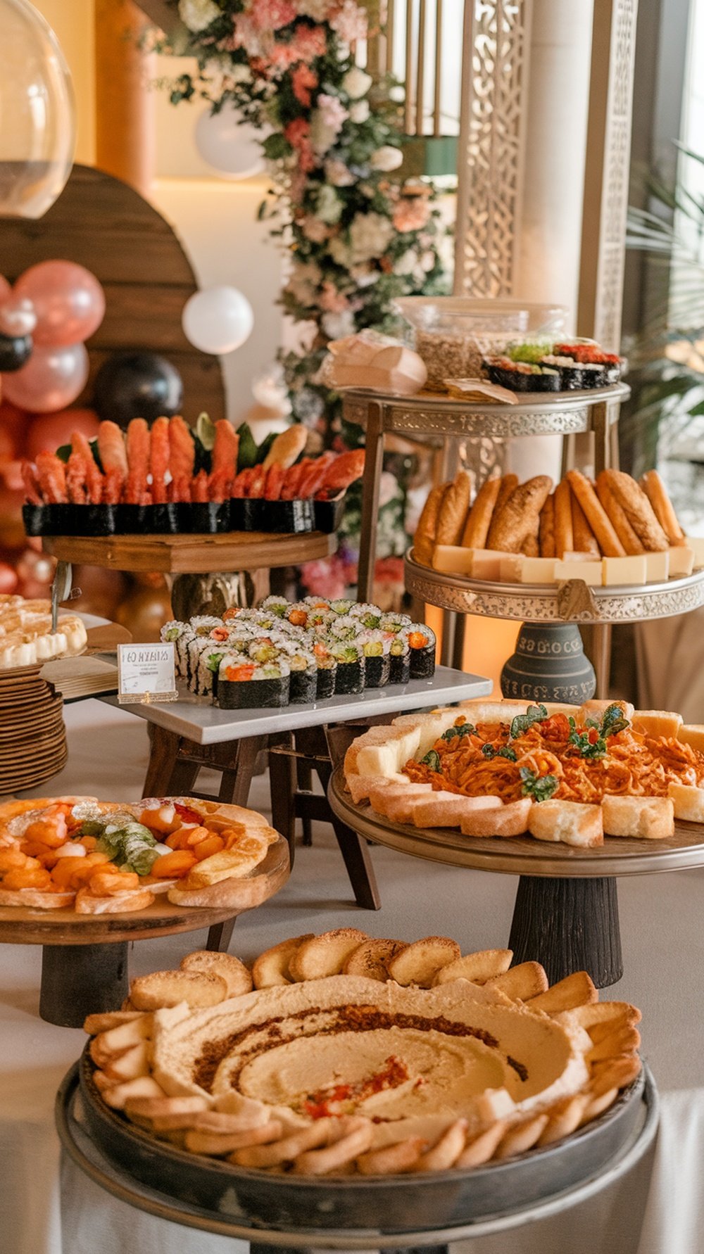 A beautifully arranged buffet featuring international cuisine, including sushi, pastries, and fruit platters.