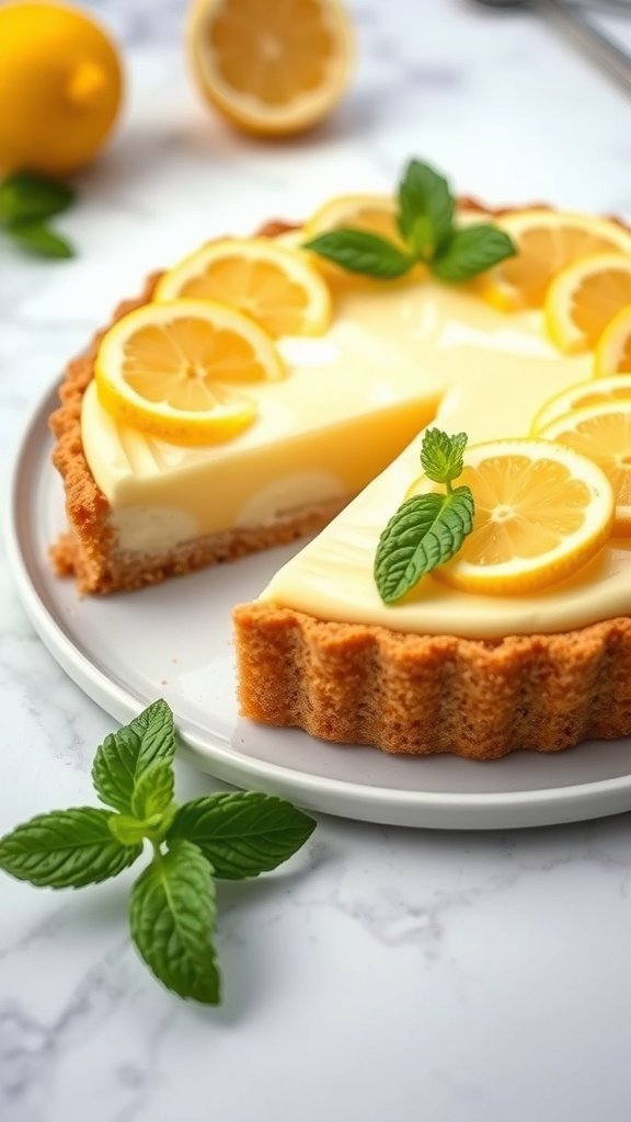 A slice of Lemon Icebox Pie with lemon slices and mint leaves on a white plate.