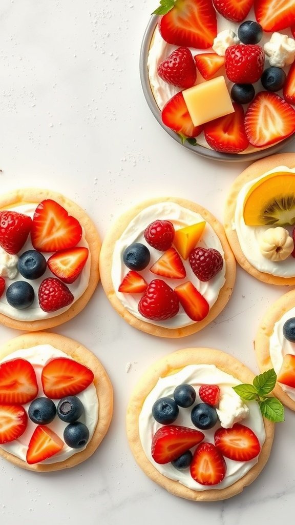 Mini fruit pizzas with colorful fruits on a cookie base