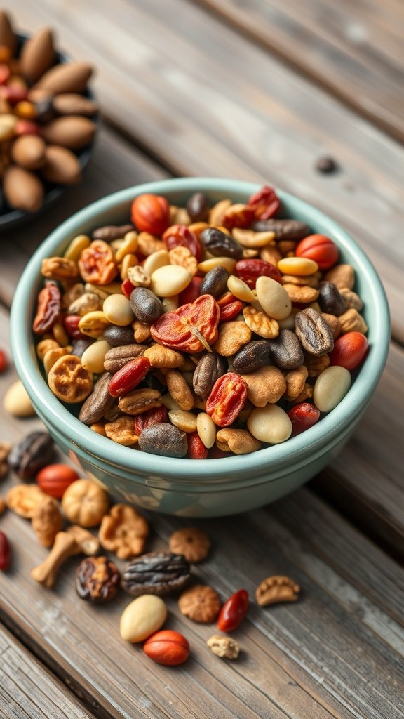 A bowl of colorful nutty trail mix with various nuts and dried fruits on a wooden table.