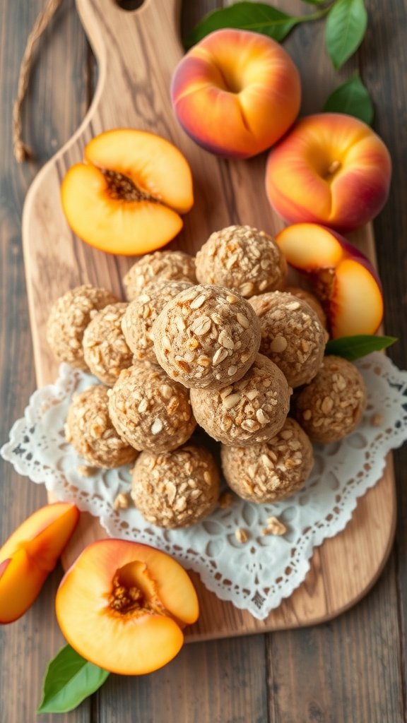 A wooden board with a stack of peach oatmeal energy bites and fresh peaches.