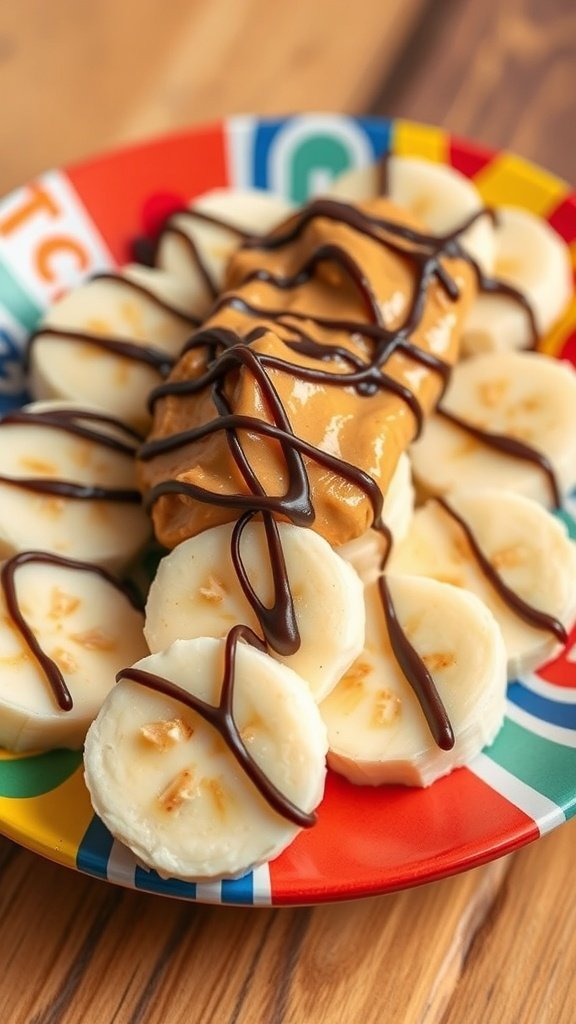 A colorful plate with banana slices topped with peanut butter and drizzled with chocolate syrup.