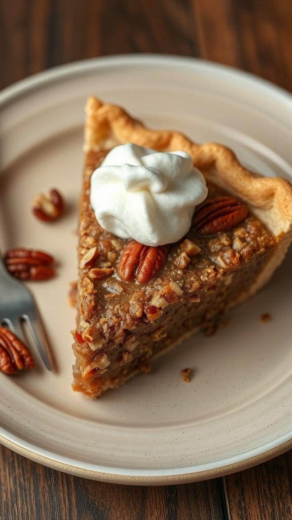 A slice of pecan pie topped with whipped cream and pecans on a plate